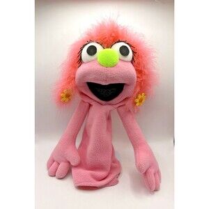 Monster Hand Puppet Plush Pink Feathered Hair Flower Glitter Eyes 15” Handmade